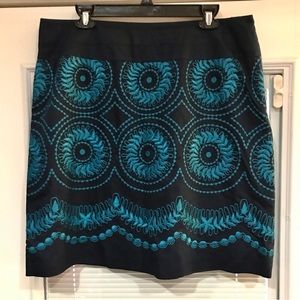 Liz Claiborne embroidered skirt fully lined, side zip sz 16 navy blue turquoise